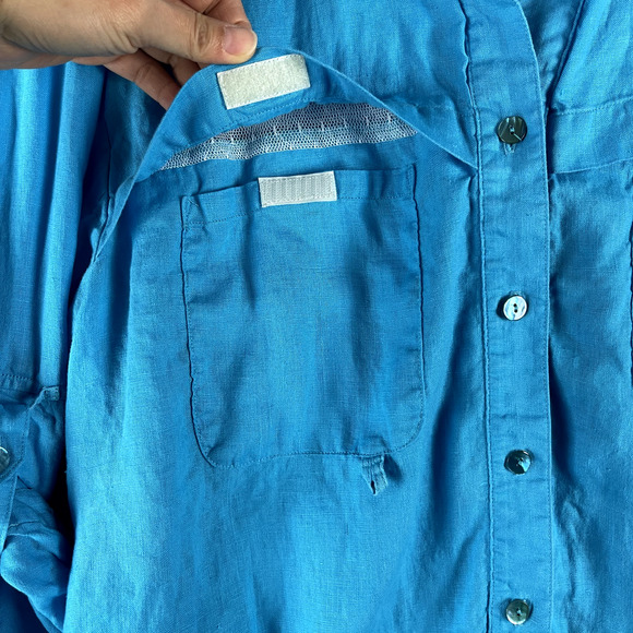 Finley Fishing Linen Shirt Women XL Blue Button Up Roll Tab Vented Mesh USA Made - Picture 10 of 16